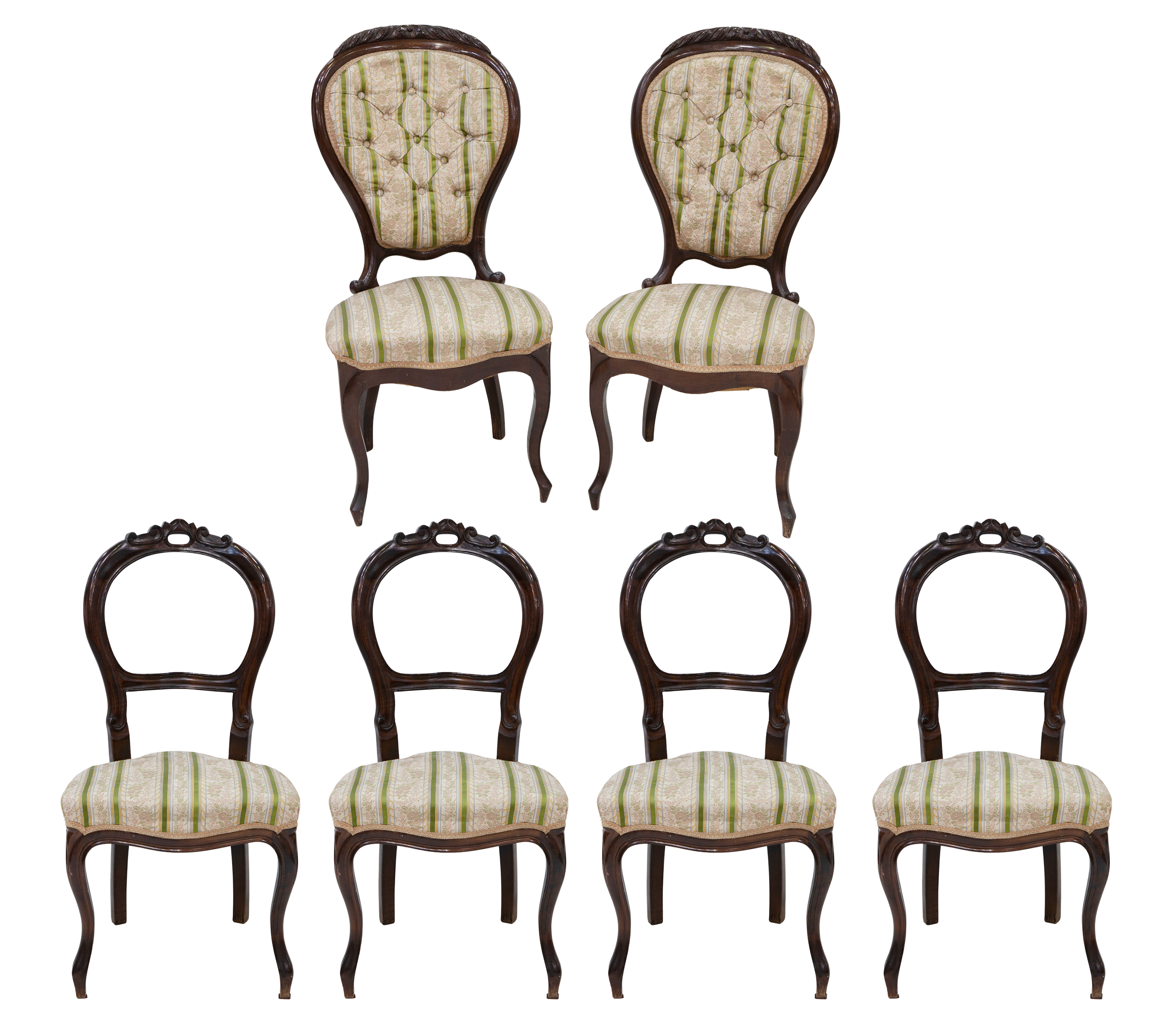 CONJUNTO DE 6 SILLAS EN MADERA DE NOGAL, ESTILO ISABELINO