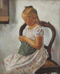 JOSEP OBIOLS PALAU (1894-1967). "NIÑA COSIENDO", 1942.