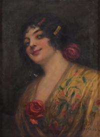 JOSÉ ROSALES ARÓSTEGUI (1924). "MUJER CON MANTÓN Y ROSAS".