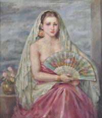 CARMEN OSÉS (1898-1961). "Joven con abanico y mantilla".