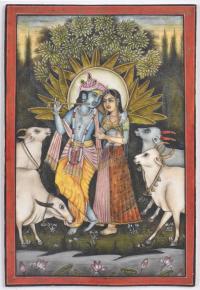 ESCUELA INDIA, SIGLO XX. "Krishna y Radha con vacas sagrad