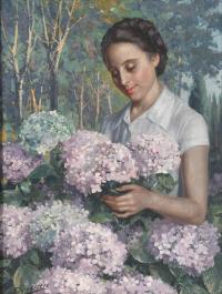 ESCUELA ESPAÑOLA, SIGLO XX. "Joven con hortensias".