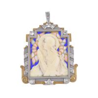 Medalla colgante devocional con imagen de la virgen.