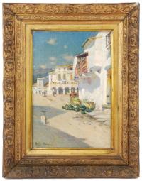 JOAN ROIG I SOLER (1852-1909), "Pueblo pesquero"., Óleo sob