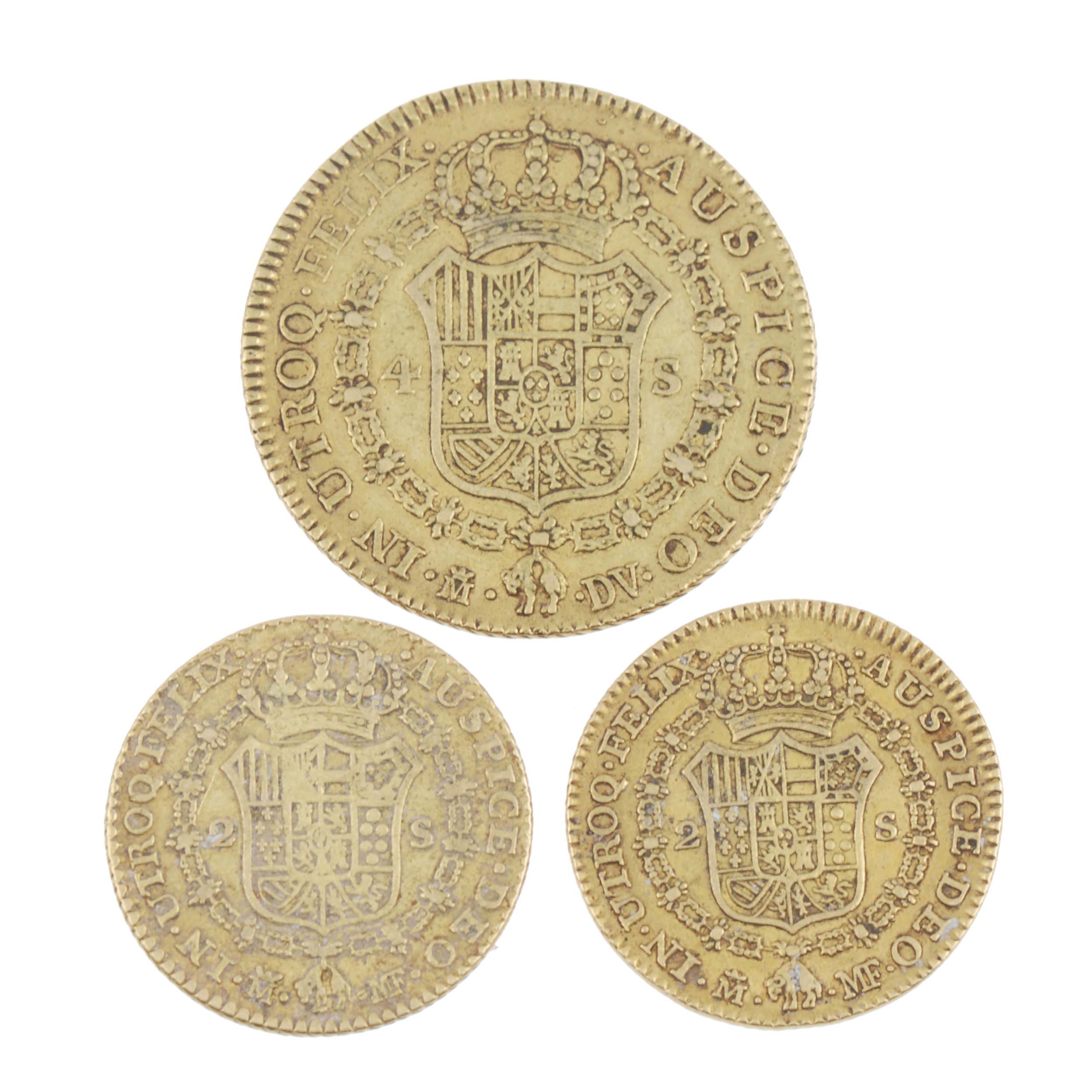 MONEDA DE CARLOS III, 1787 Y DOS DE CARLOS IV, 1788 Y 1800.
