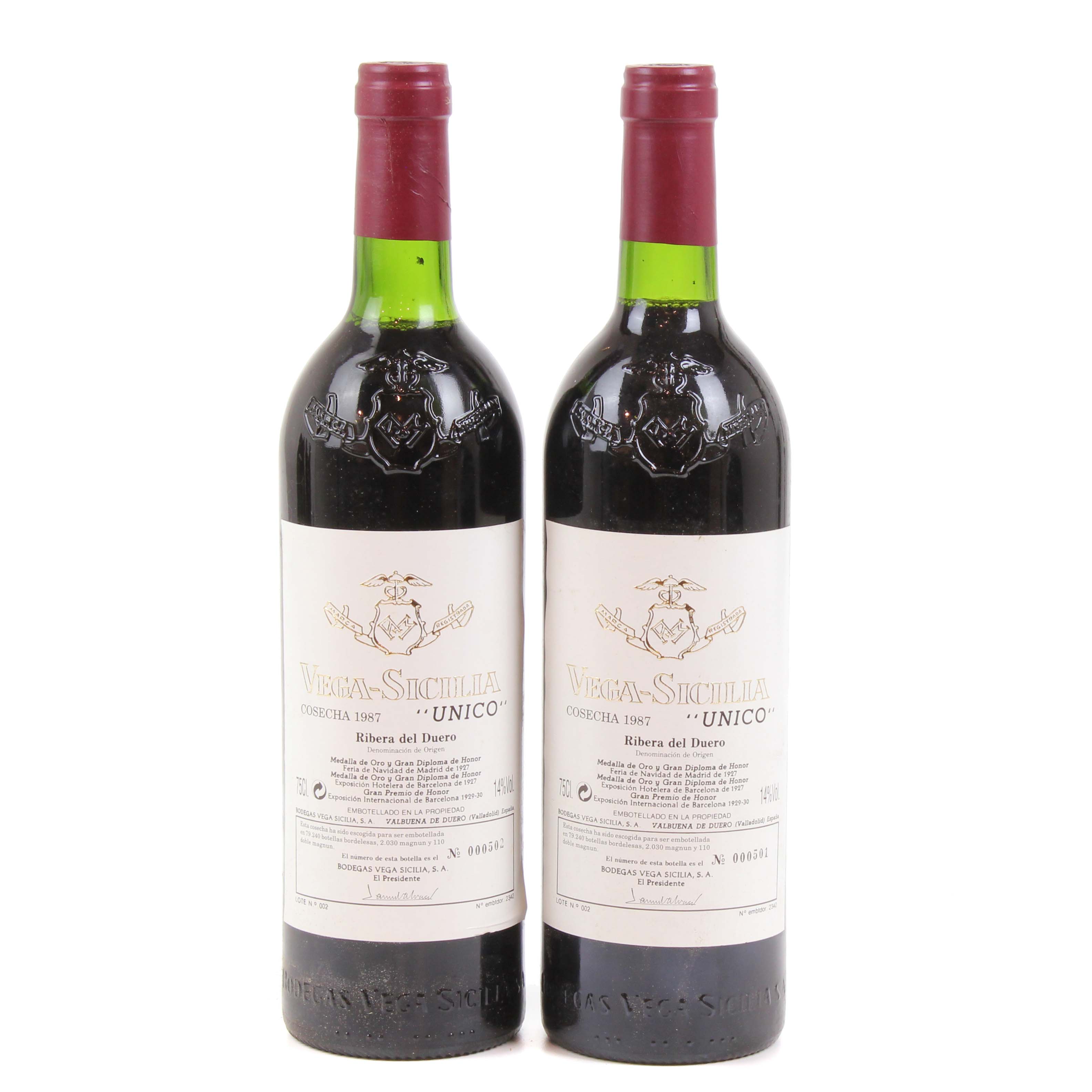 DOS BOTELLAS DE VEGA SICILIA, UNICO, RIBERA DEL DUERO, 1987