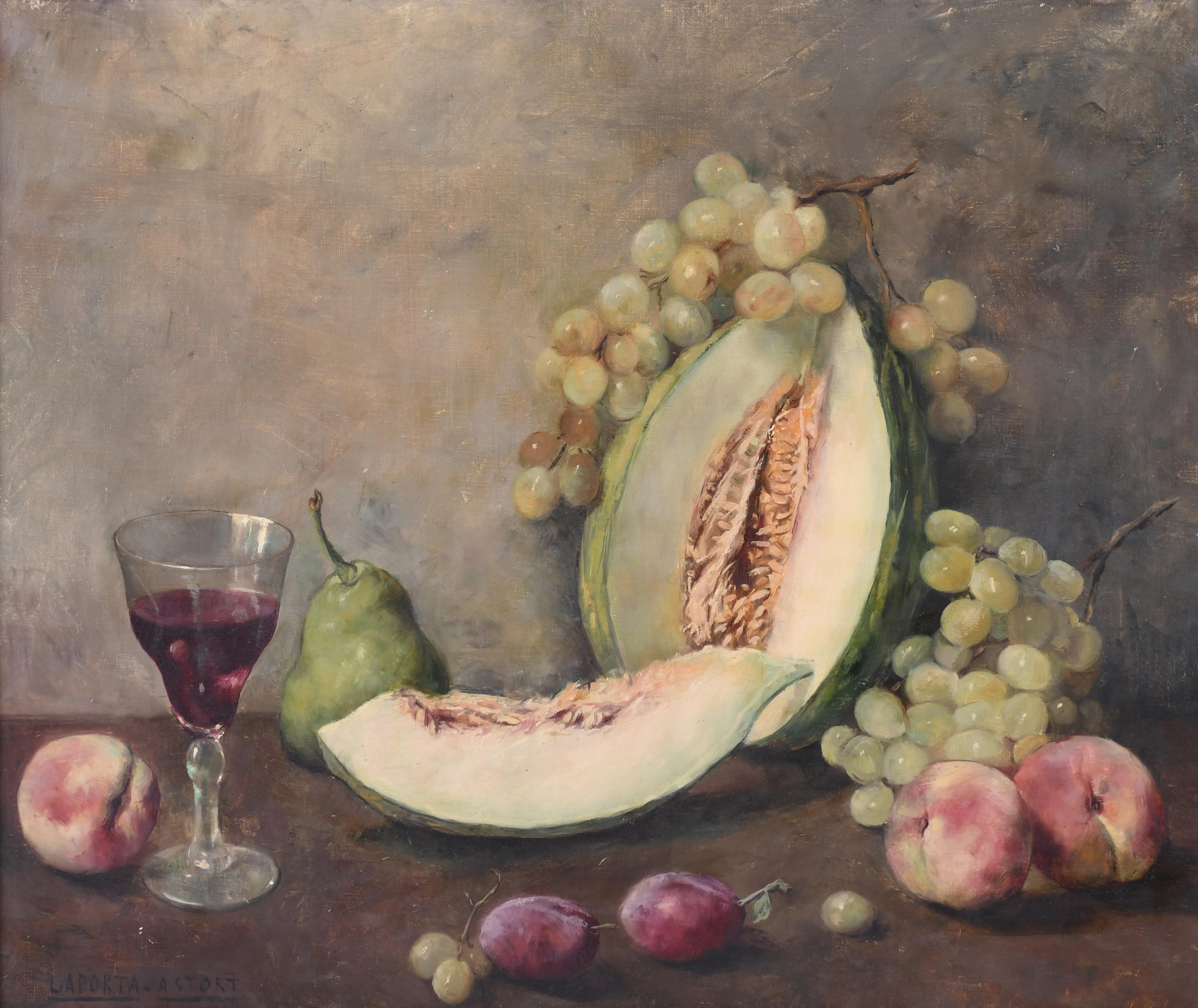 RAMON LAPORTA ASTORT (1888-1936). "BODEGÓN CON MELÓN, UVAS