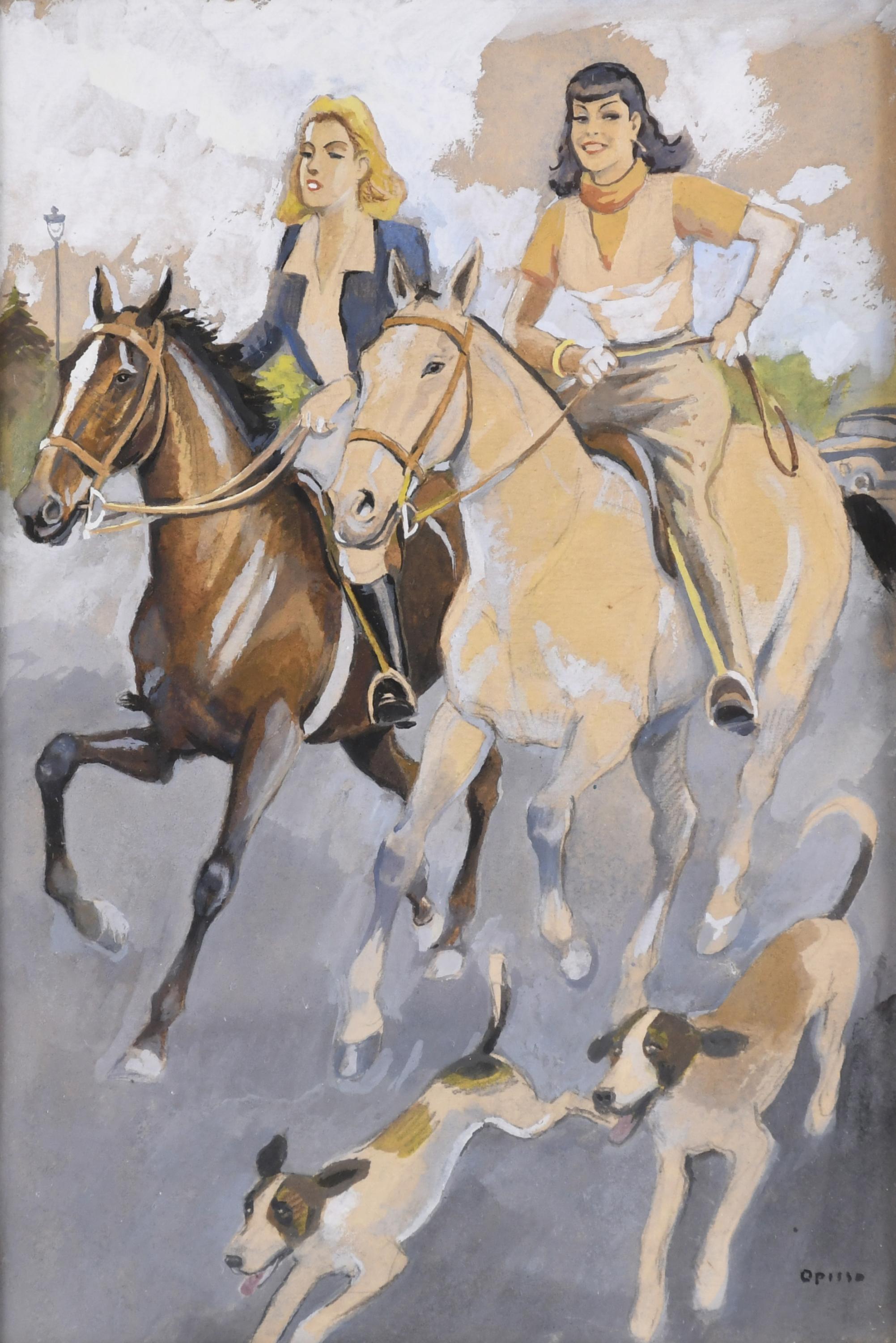 RICARD OPISSO (1880-1966). "JÓVENES A CABALLO Y PERROS".