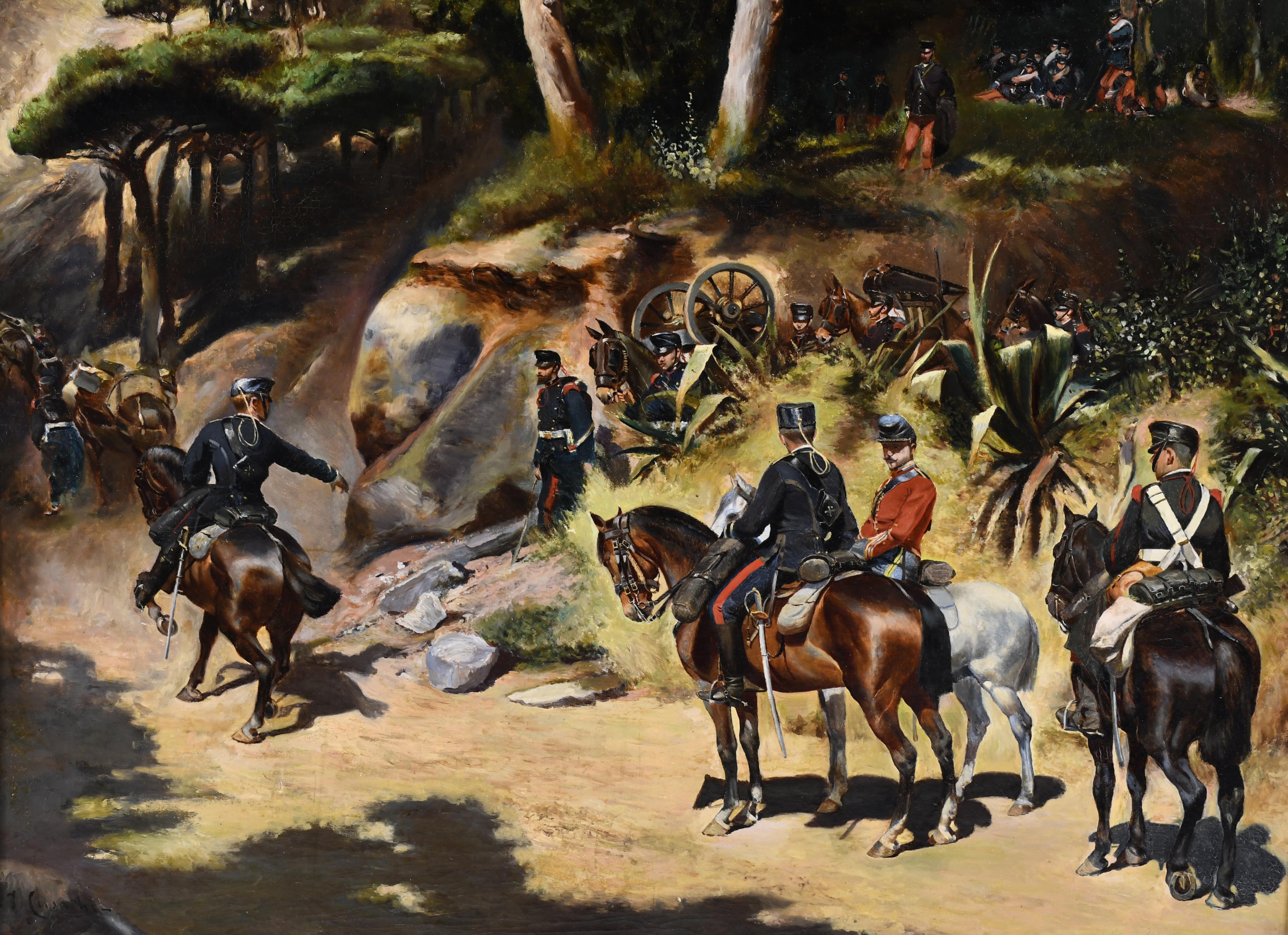 ESCUELA ESPAÑOLA, SIGLO XIX. "MILITARES Y CABALLOS", 1897.