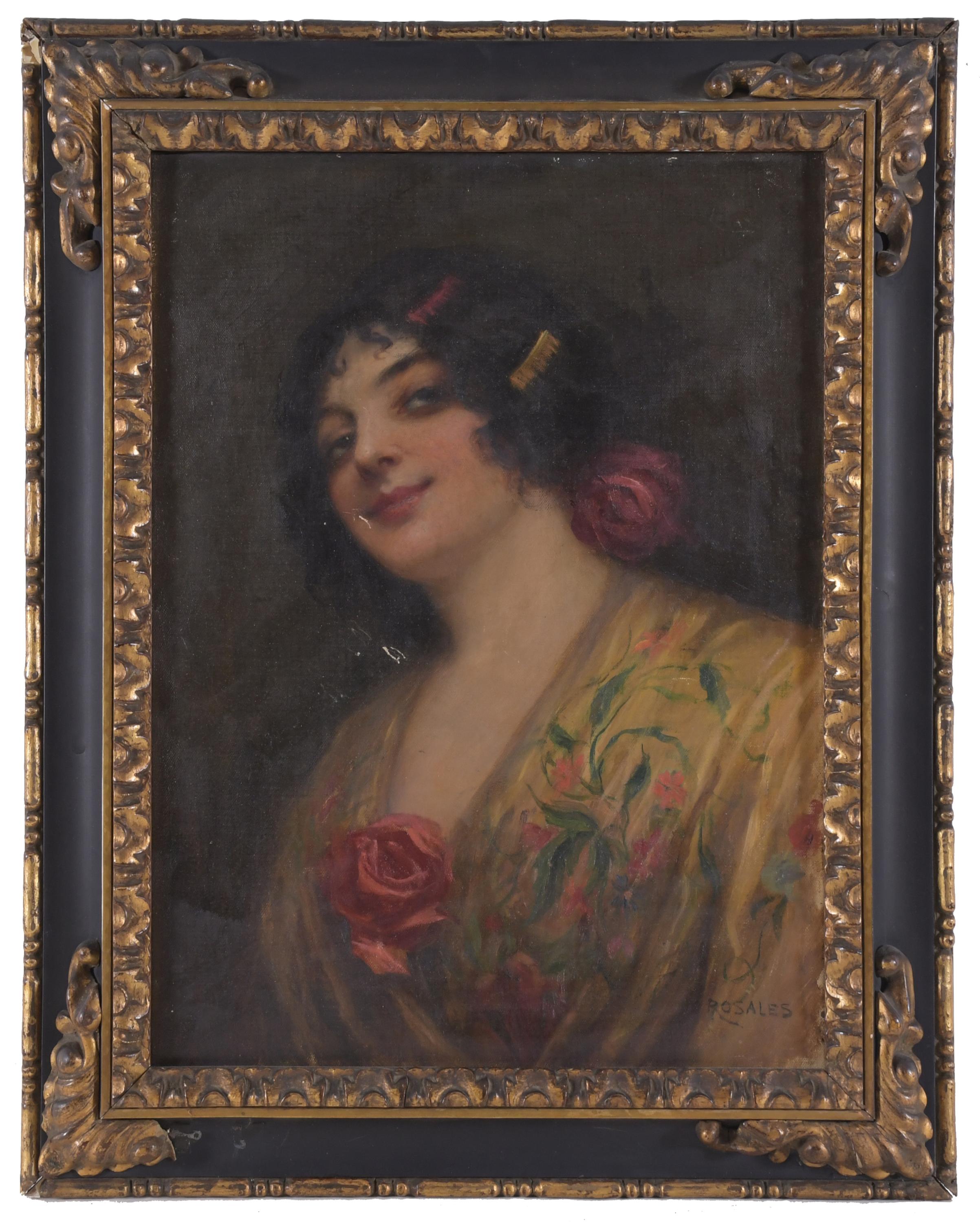 JOSÉ ROSALES ARÓSTEGUI (1924). "MUJER CON MANTÓN Y ROSAS".