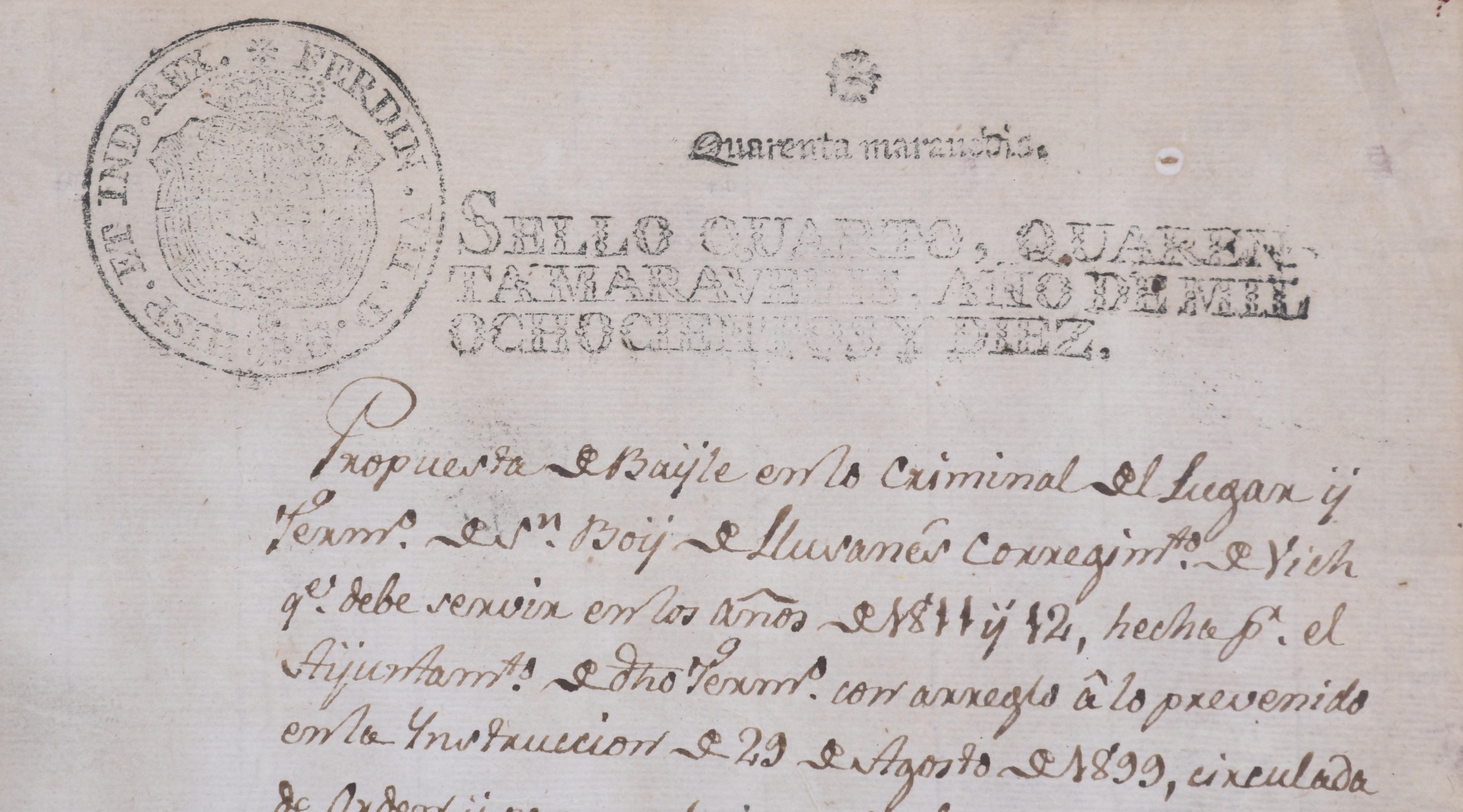 DOCUMENTO NOTARIAL CON SELLO DE FERNANDO VII, 1810.