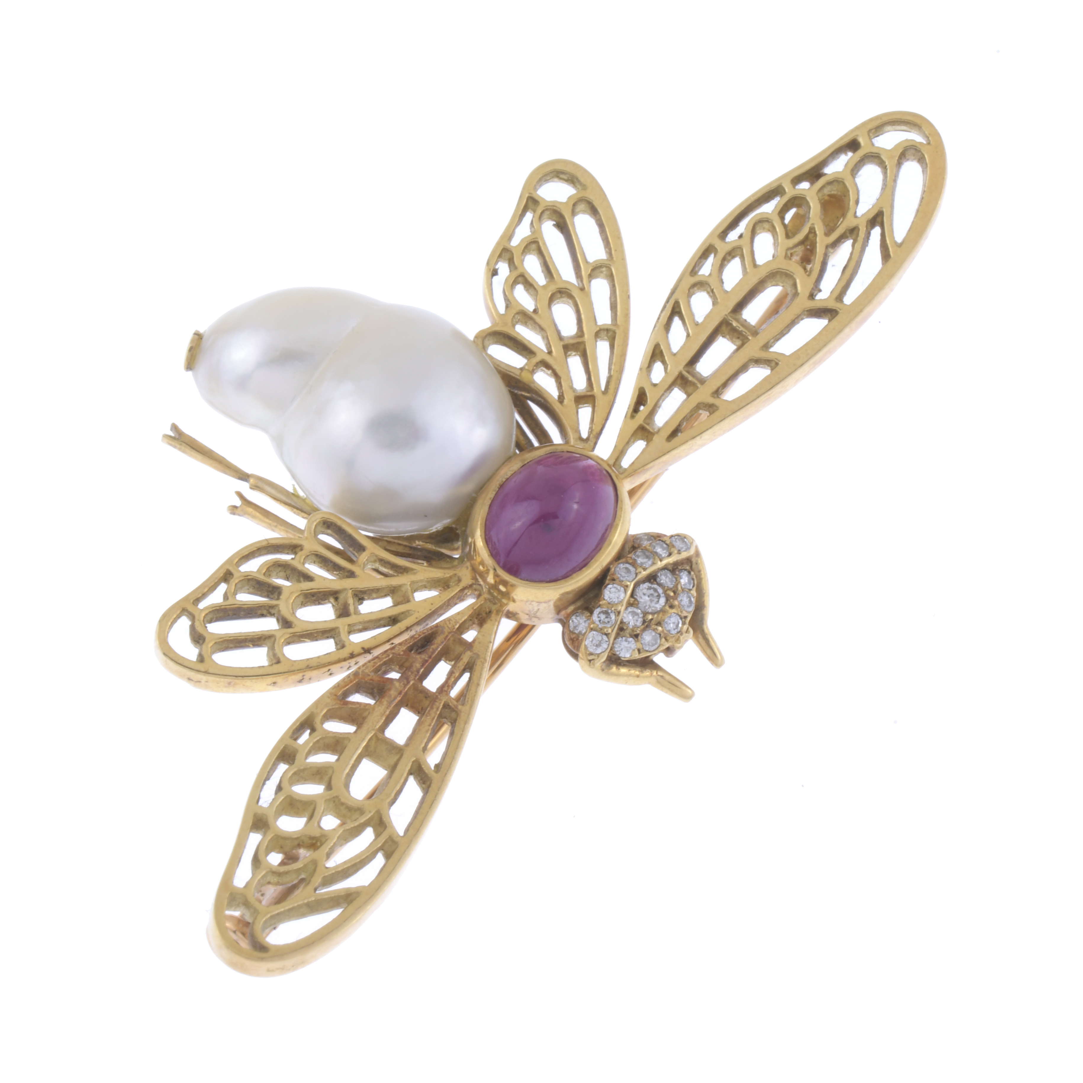 BROCHE MOSCA CON PERLA Y RUBÍ CABUJÓN.