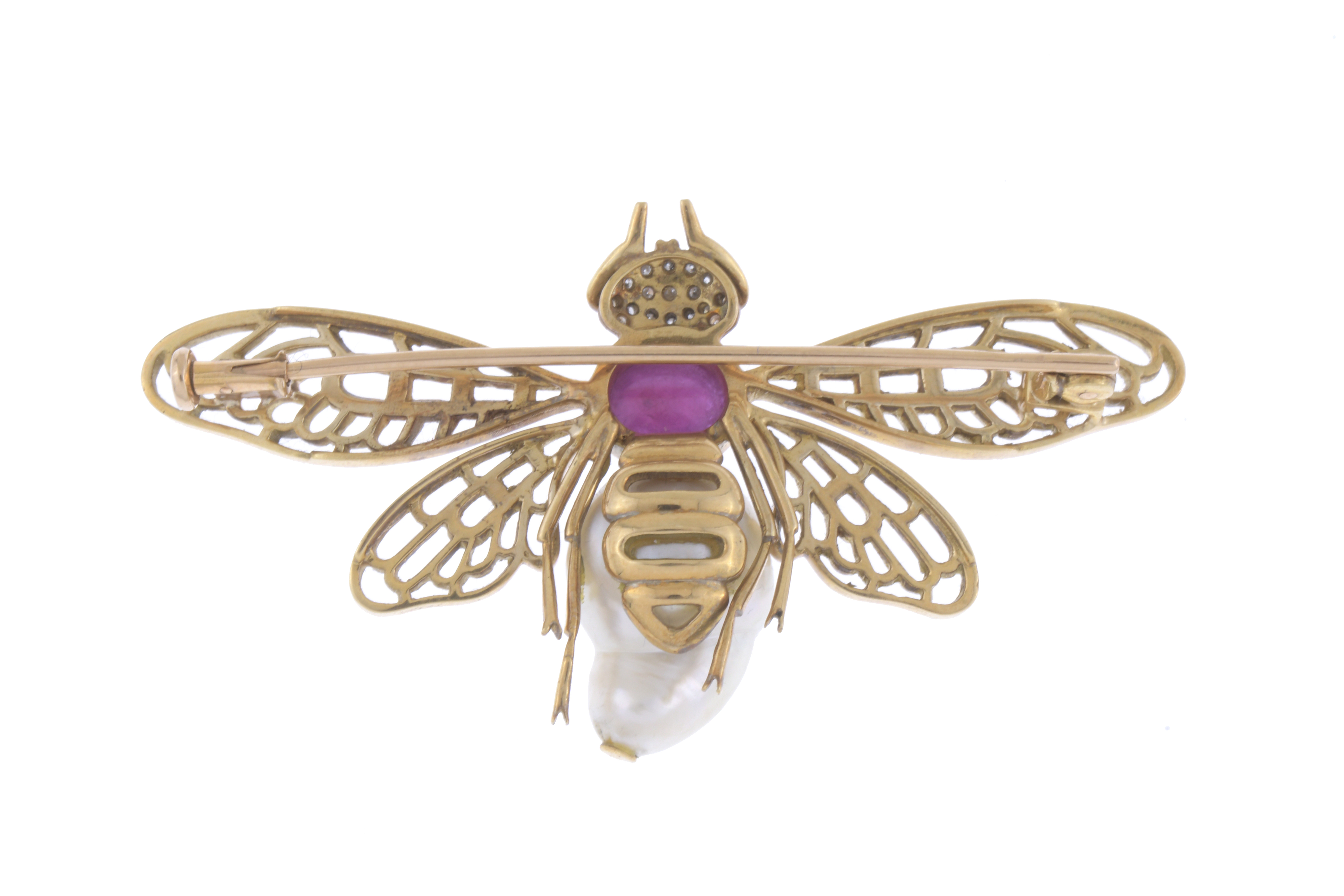 BROCHE MOSCA CON PERLA Y RUBÍ CABUJÓN.