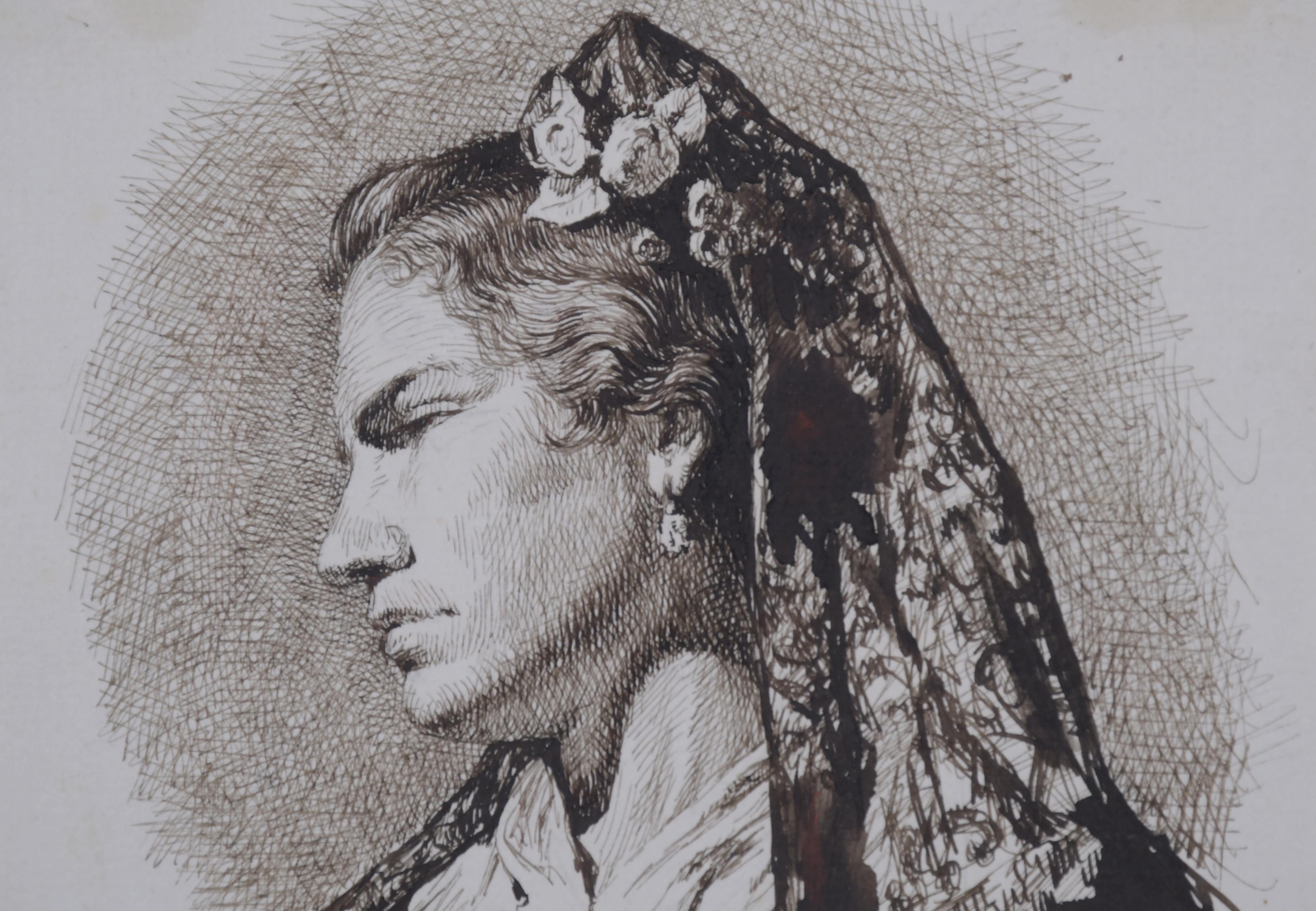 ANTONIO M. VEGA, SIGLO XIX. "MUJER CON MANTILLA".