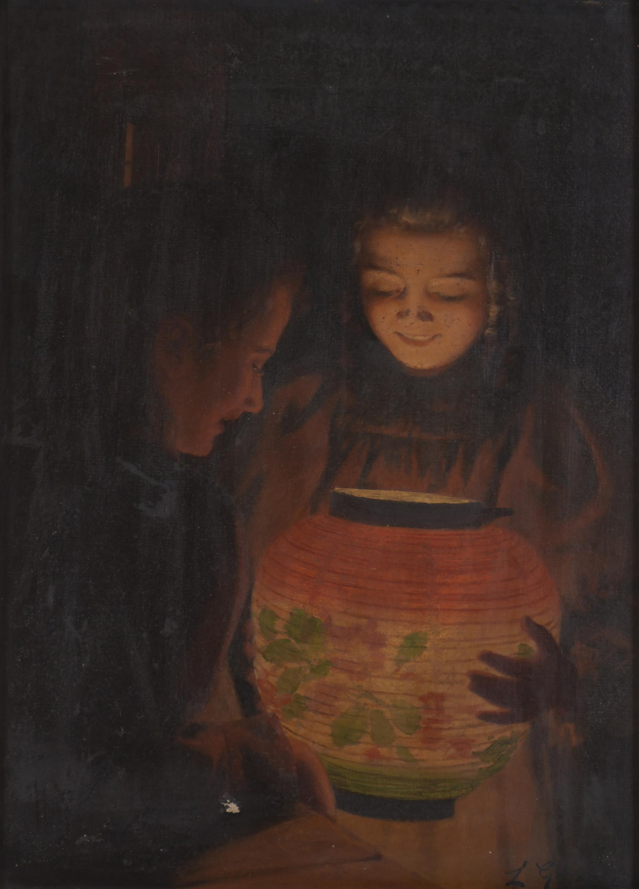 ESCUELA CATALANA, SIGLO XX. "Niñas con farolillo". Siguiend