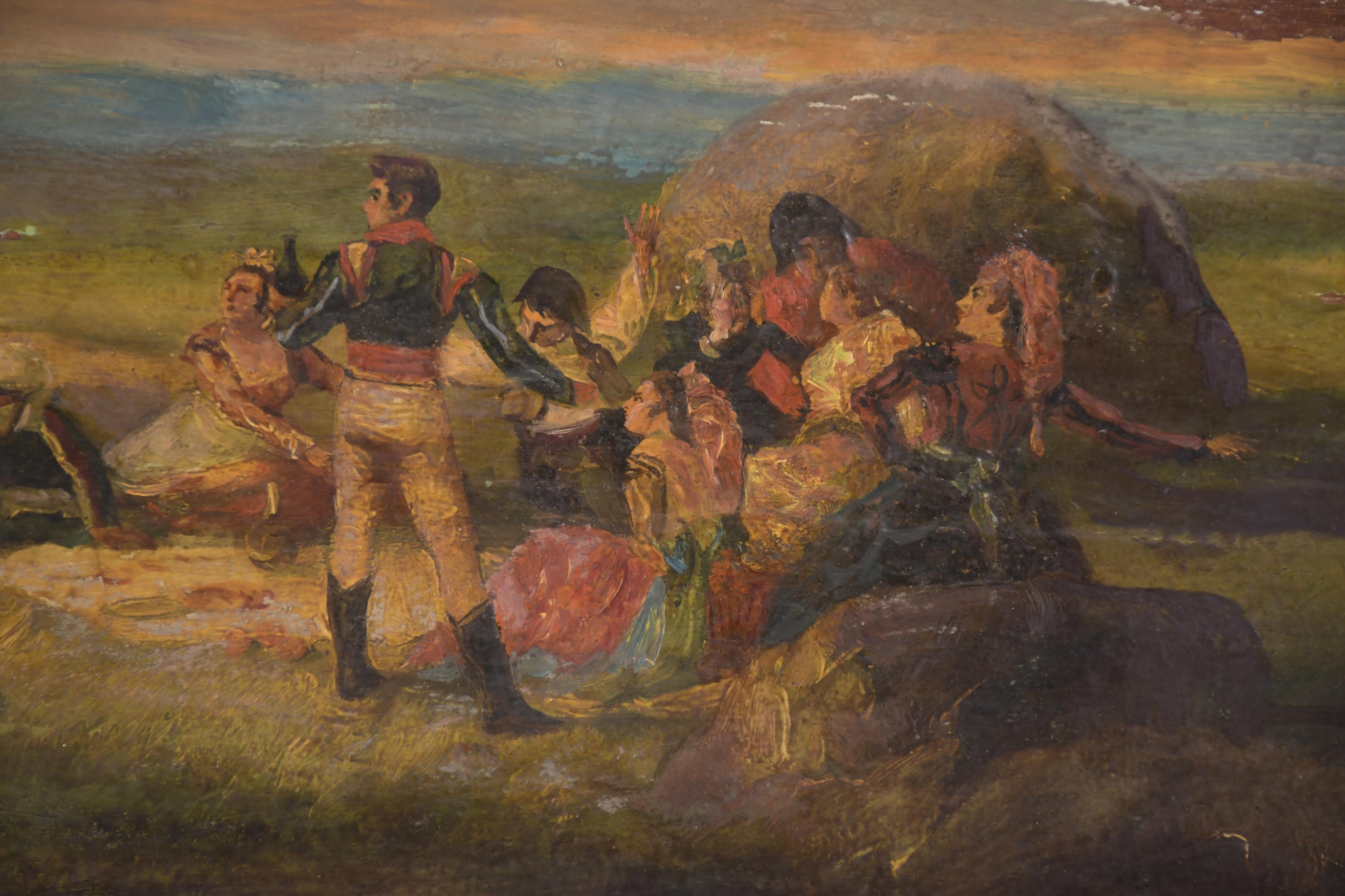 ESCUELA ESPAÑOLA, SIGLO XIX.  "Paisaje con personajes y tor