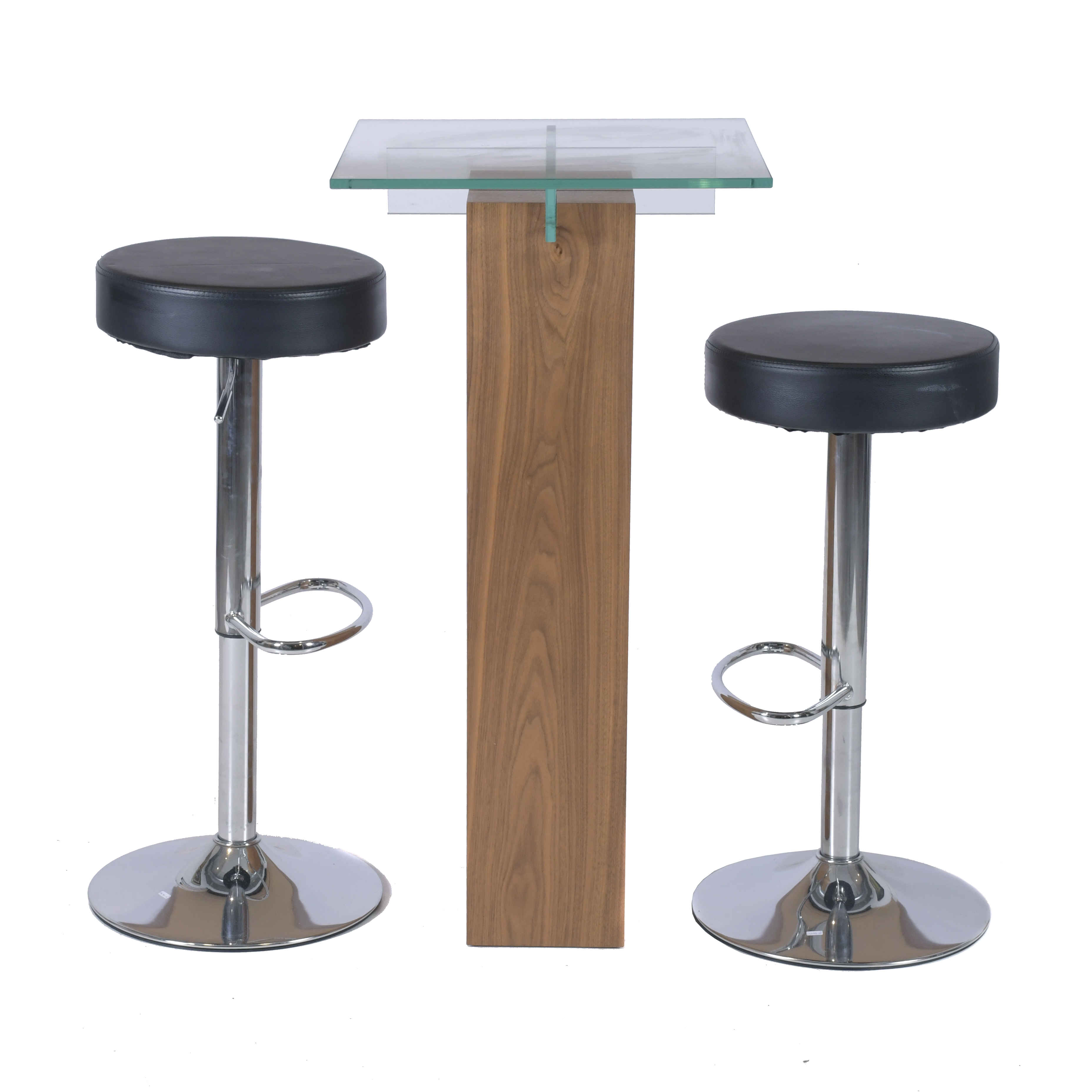 Mesa y pareja de taburetes de bar. 