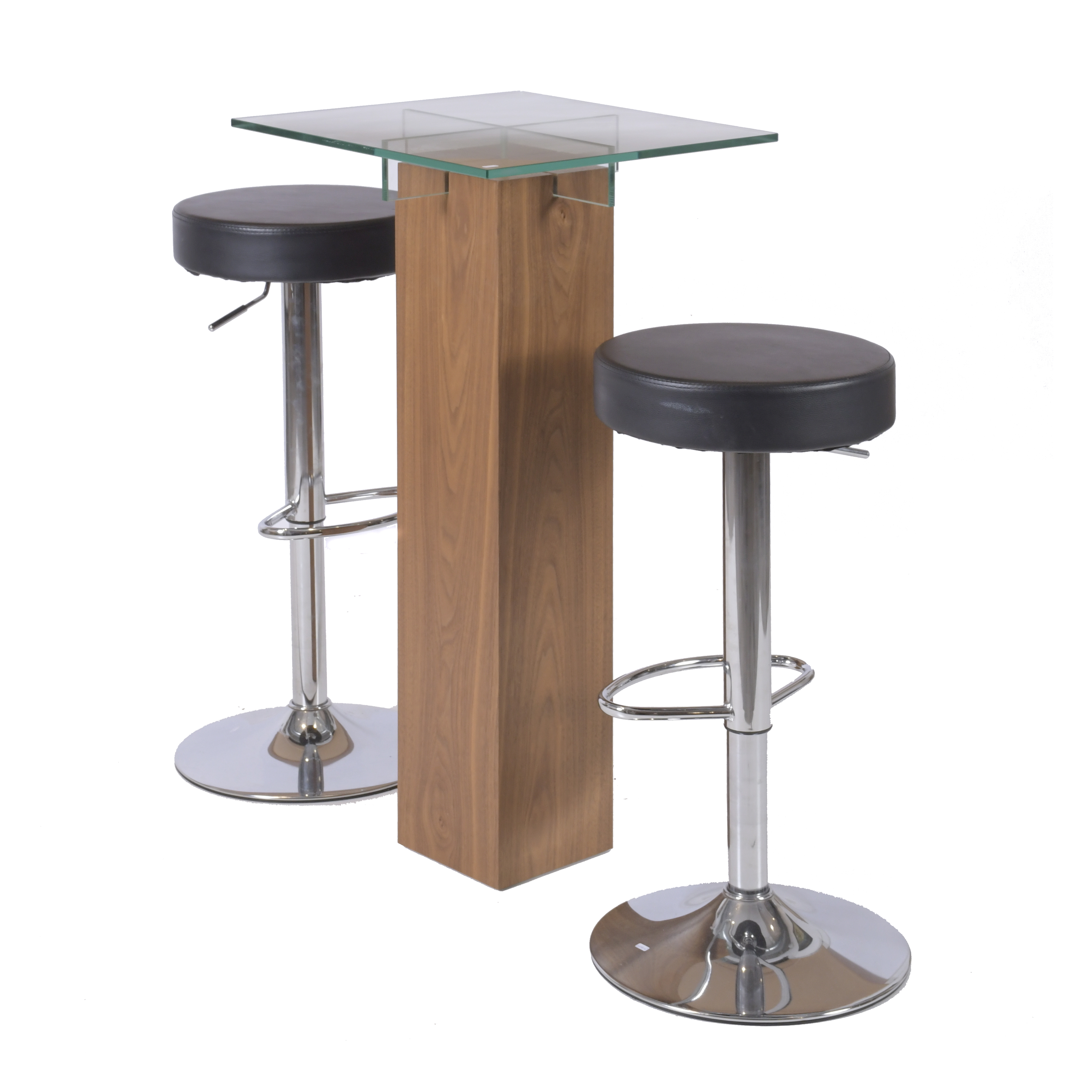 Mesa y pareja de taburetes de bar. 