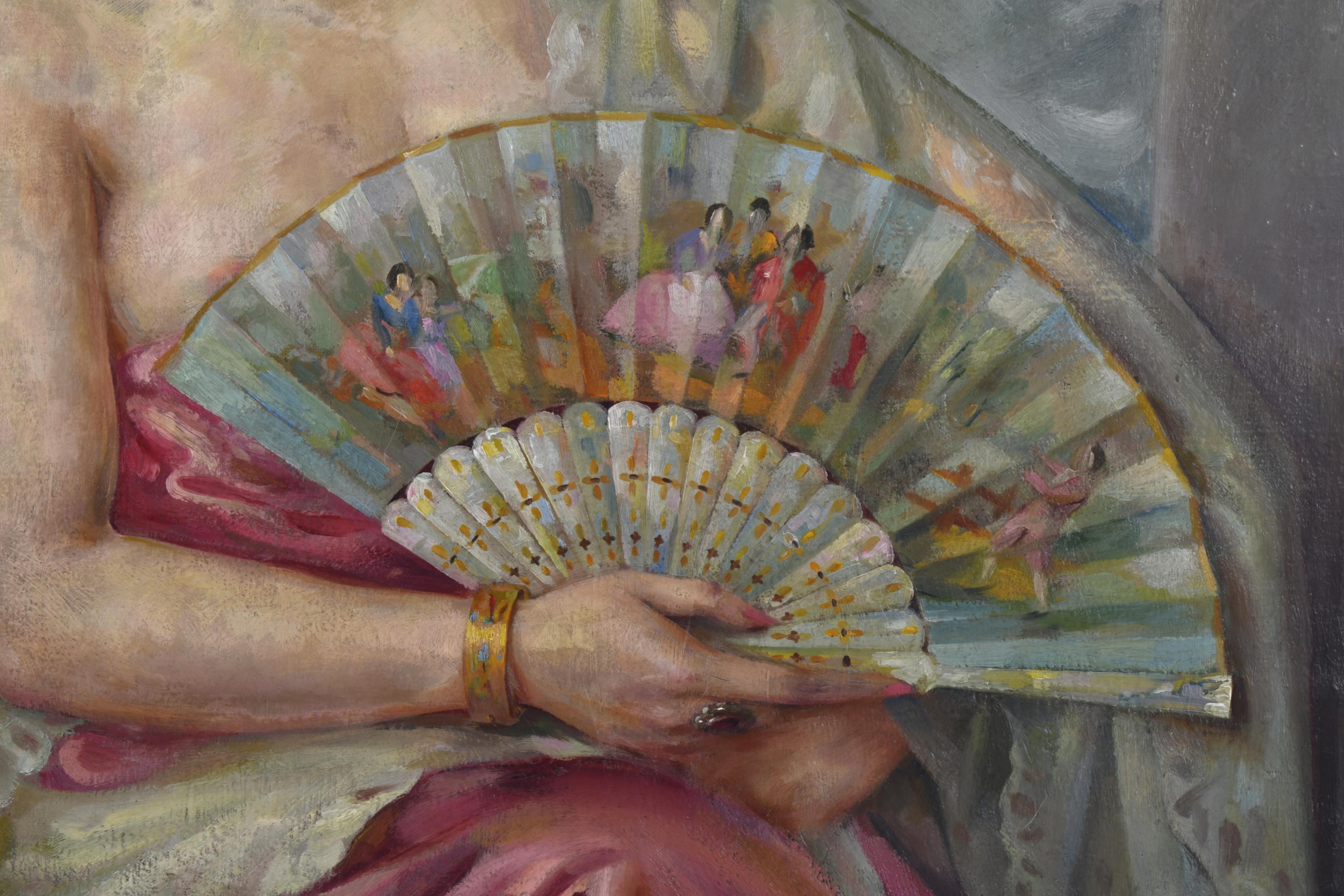 CARMEN OSÉS (1898-1961).  "Joven con abanico y mantilla".