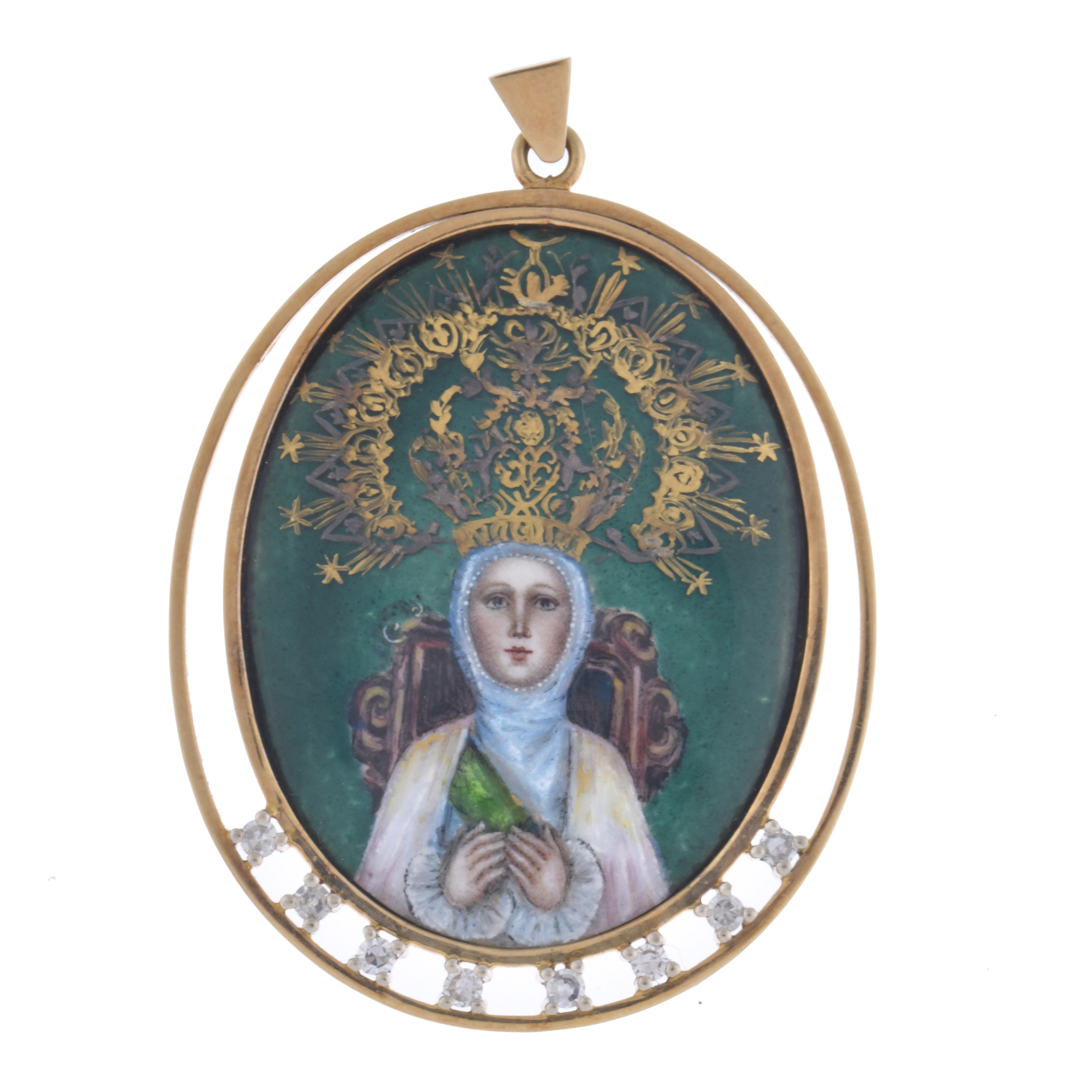 Colgante con imágen de la virgen en esmalte. PPS. S. XX.