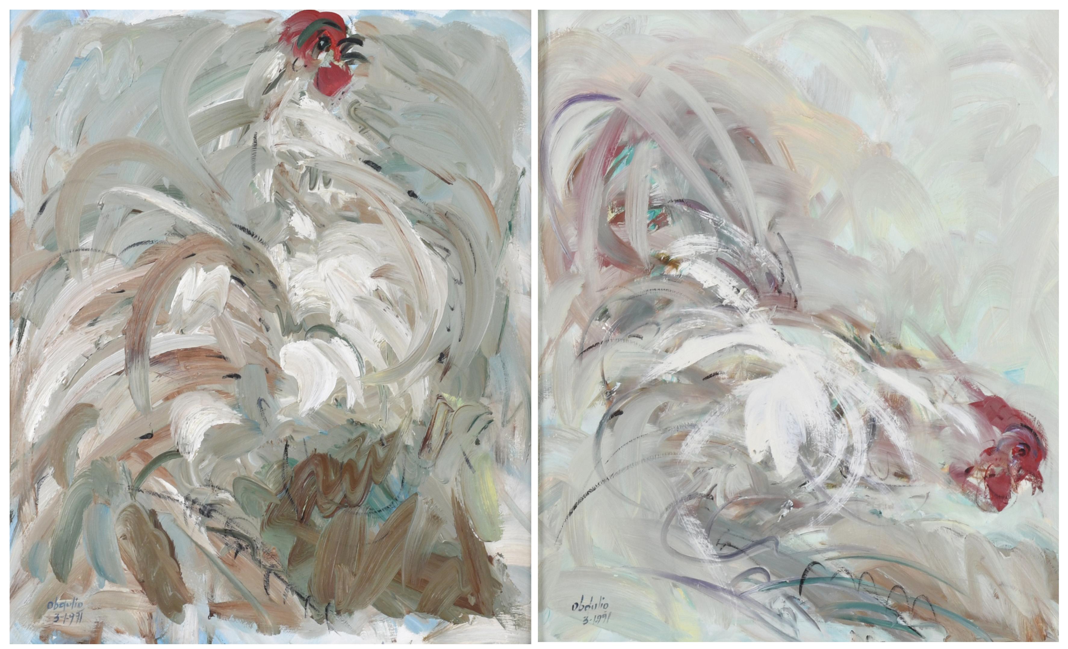 OBDULIO FUERTES SANCHEZ (1944).  Pareja de obras, "Gallo", 