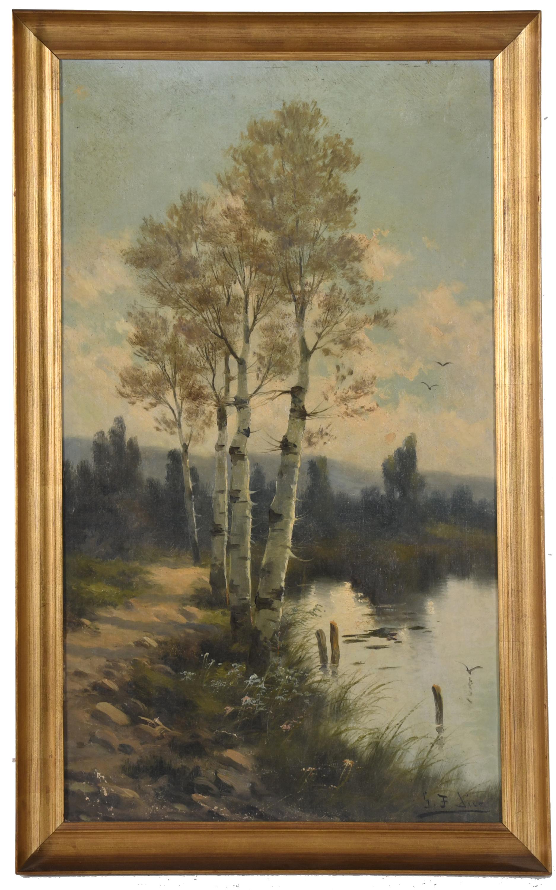 ESCUELA ESPAÑOLA, SIGLO XIX-XX. G.F. DIEZ "Paisaje fluvial"