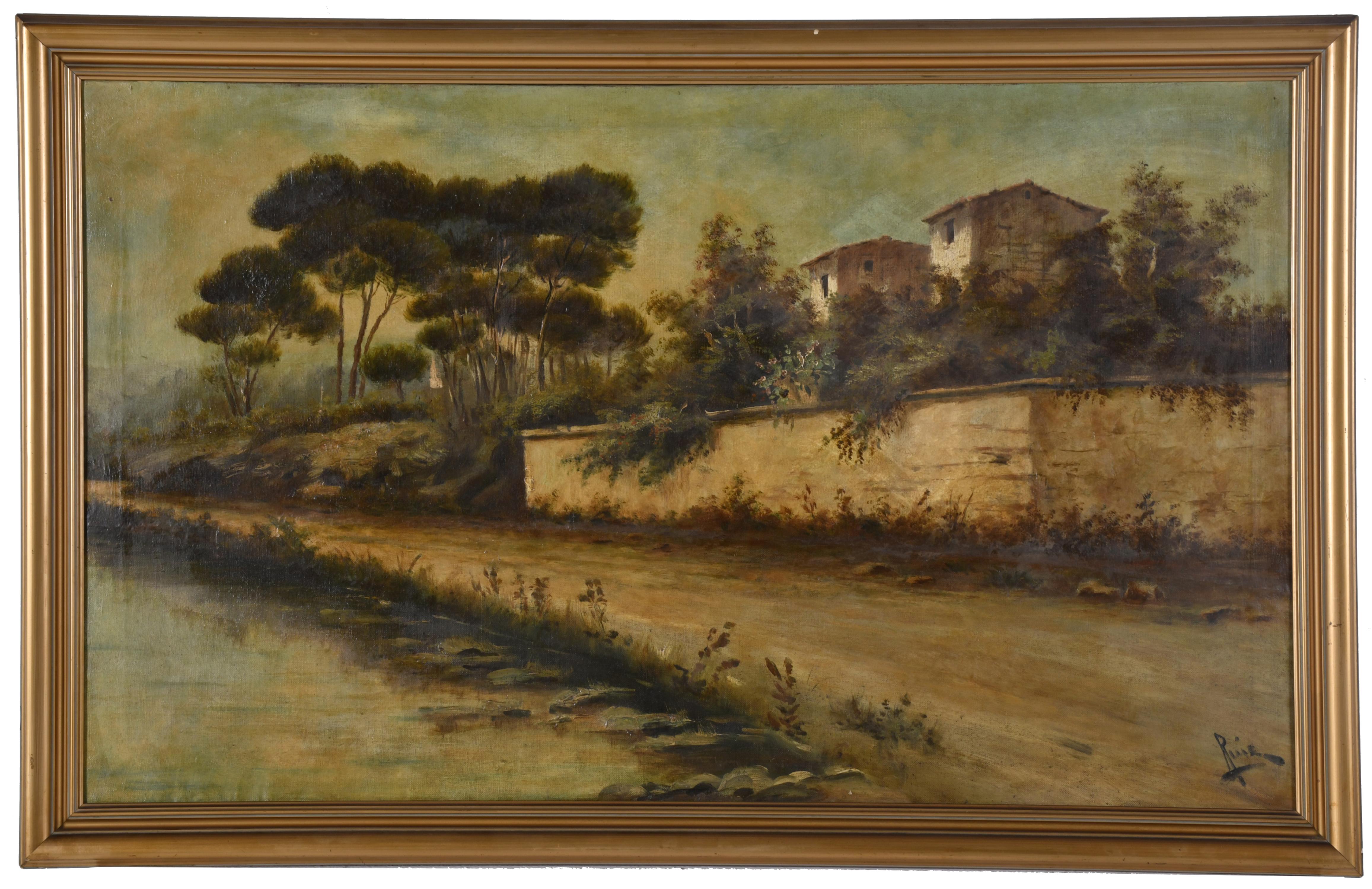ESCUELA ESPAÑOLA, PPS. SIGLO XX. "Paisaje con casas y río".