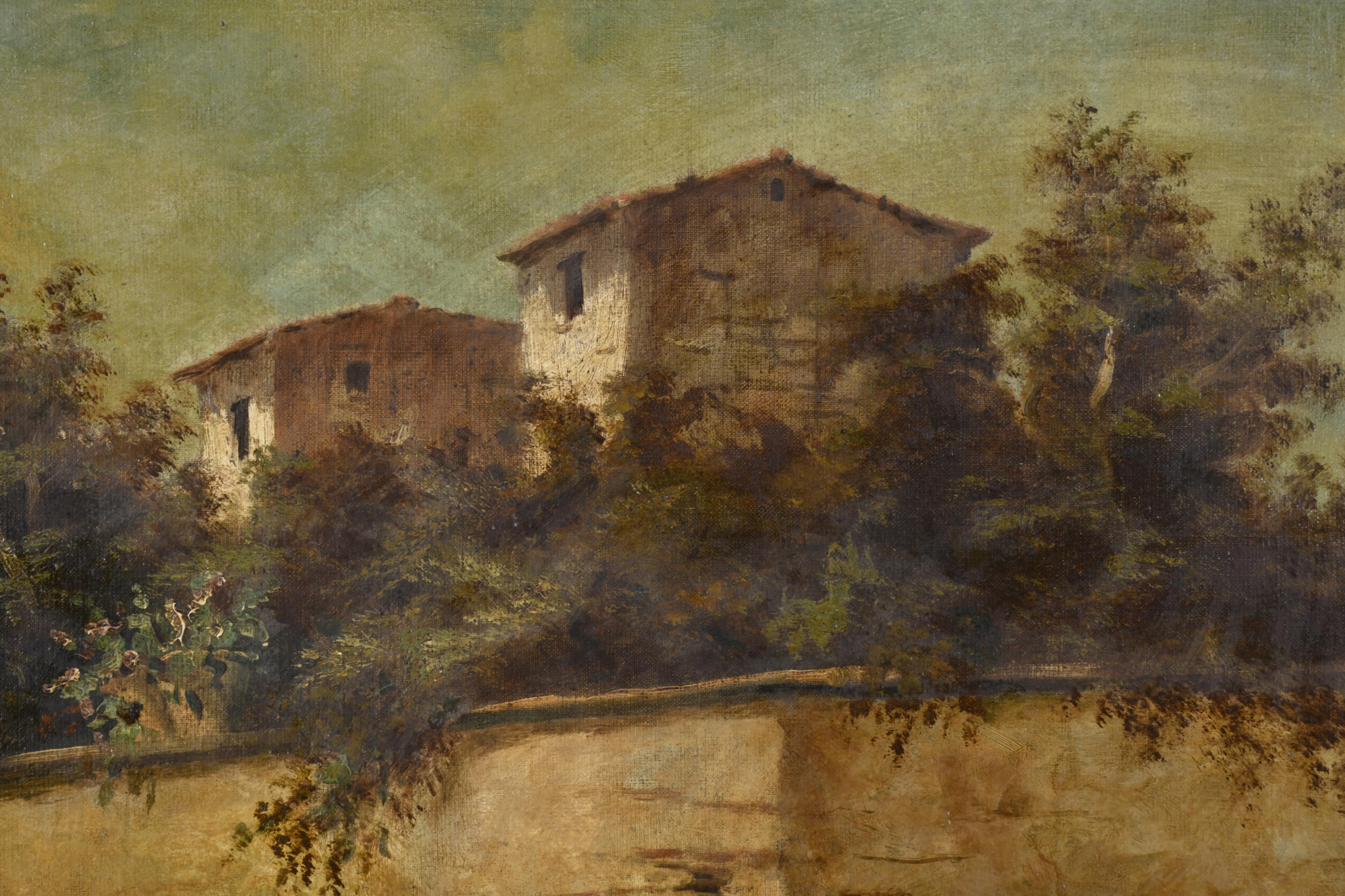 ESCUELA ESPAÑOLA, PPS. SIGLO XX. "Paisaje con casas y río".