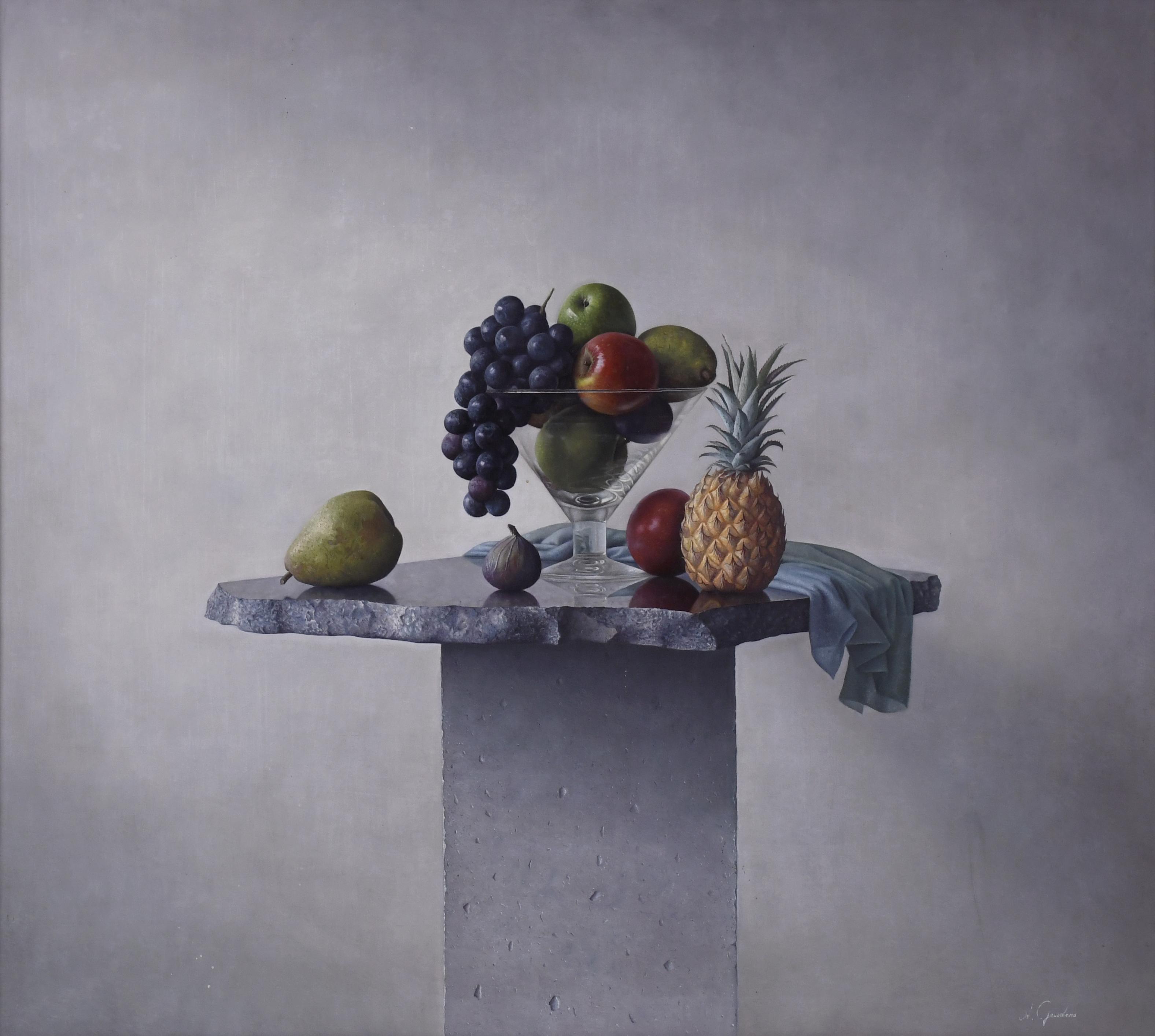 ADOLF GEUDENS (1954).  "Bodegón de frutas y cristal".