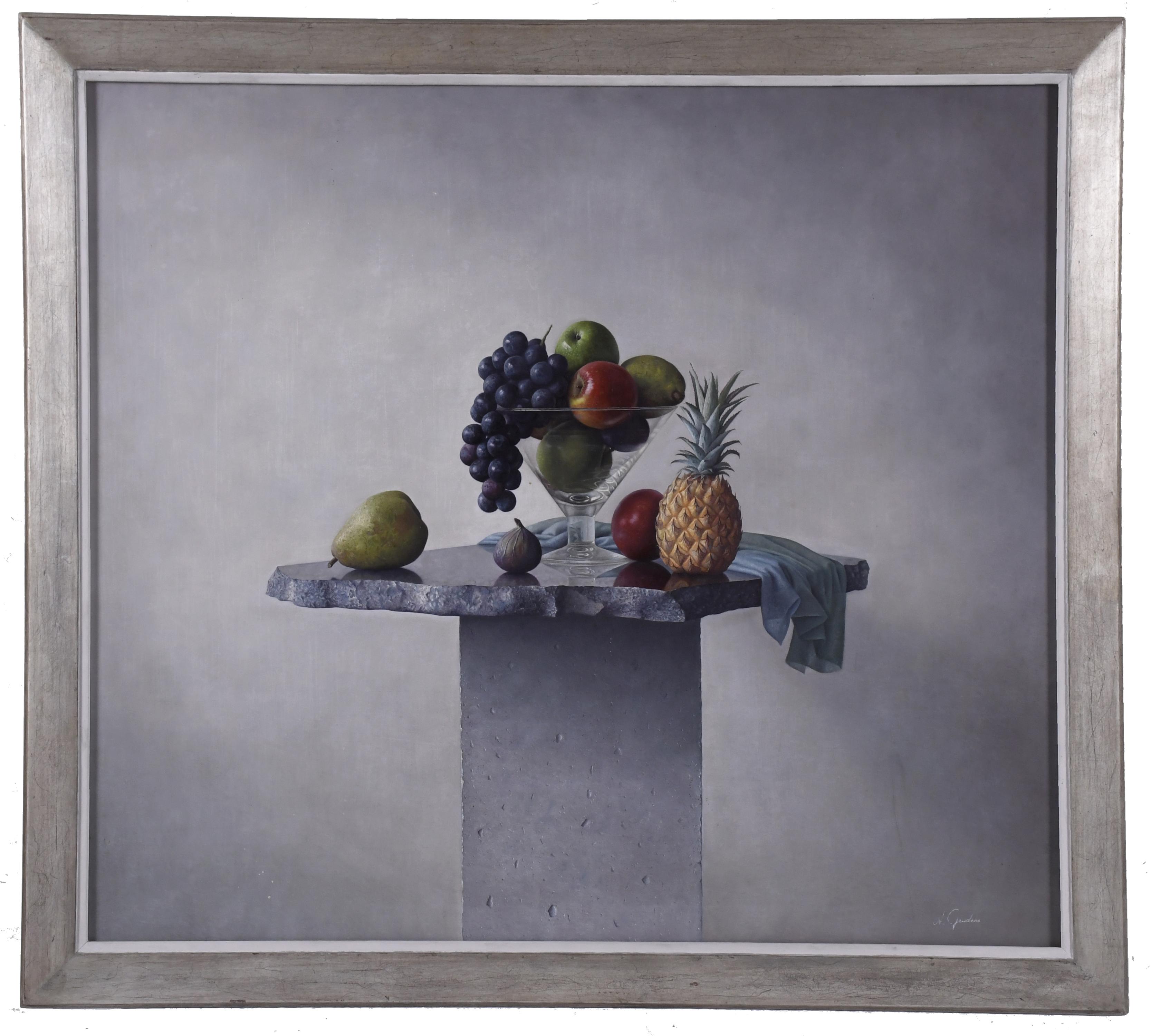 ADOLF GEUDENS (1954).  "Bodegón de frutas y cristal".