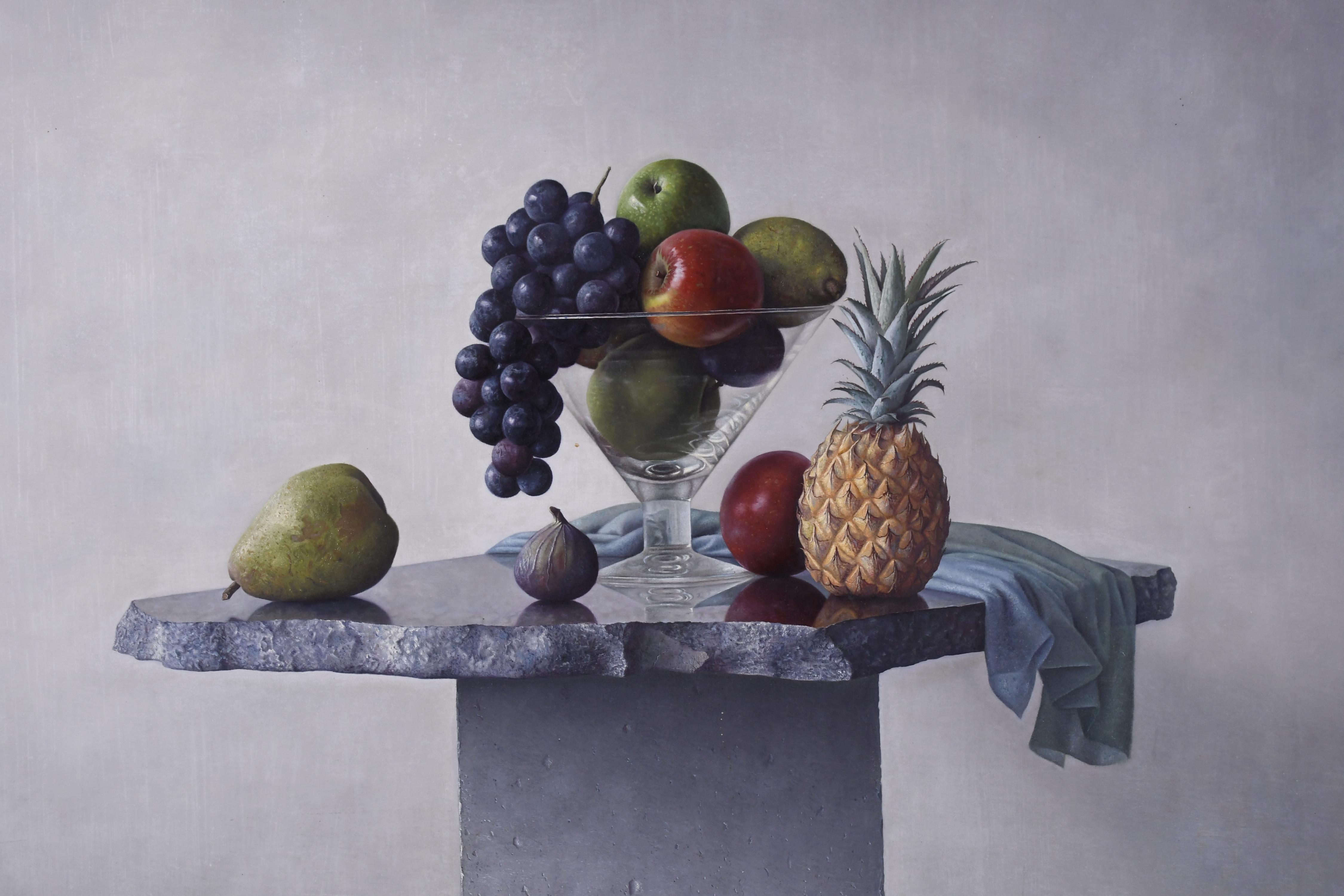 ADOLF GEUDENS (1954).  "Bodegón de frutas y cristal".