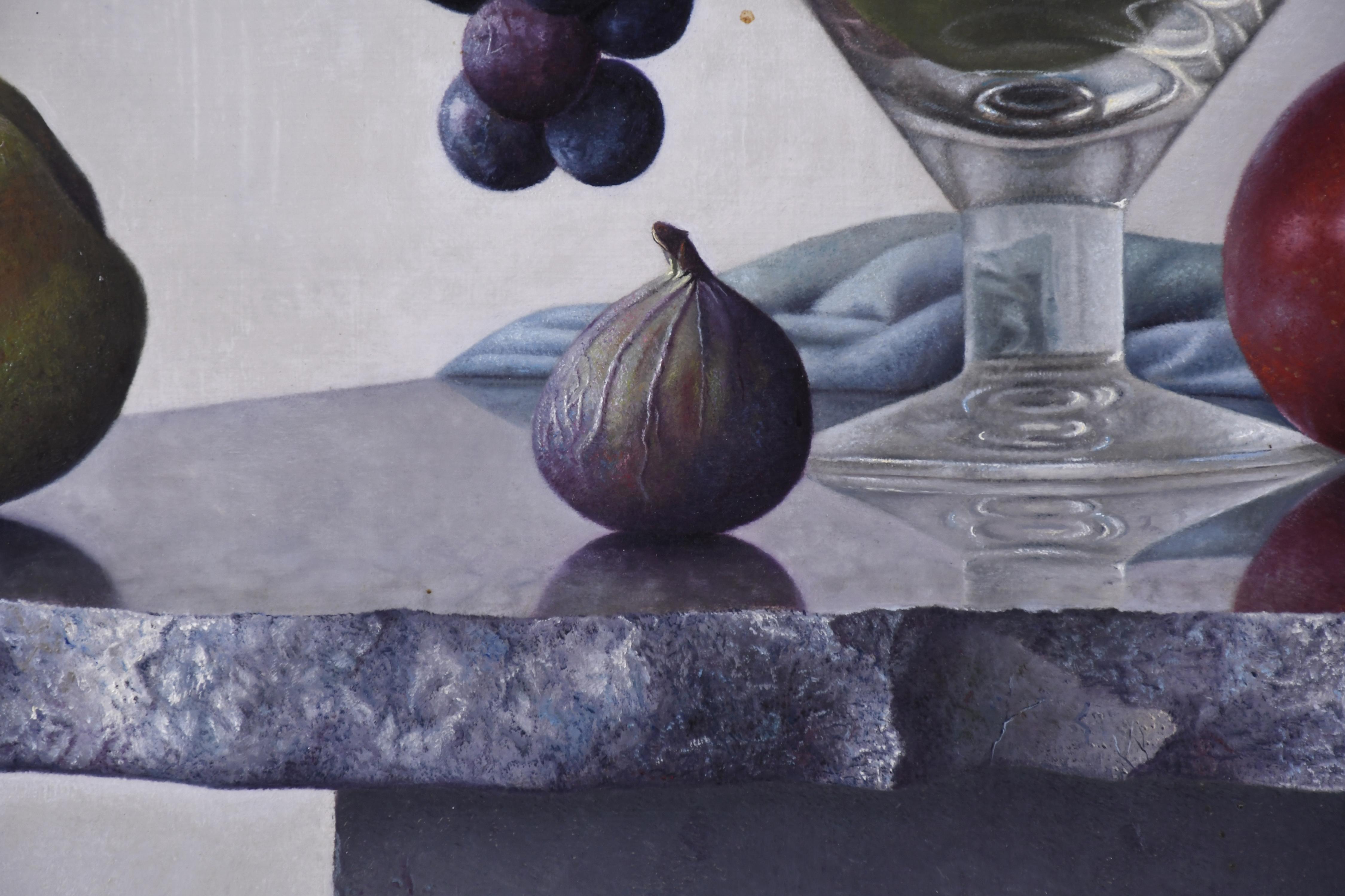 ADOLF GEUDENS (1954).  "Bodegón de frutas y cristal".