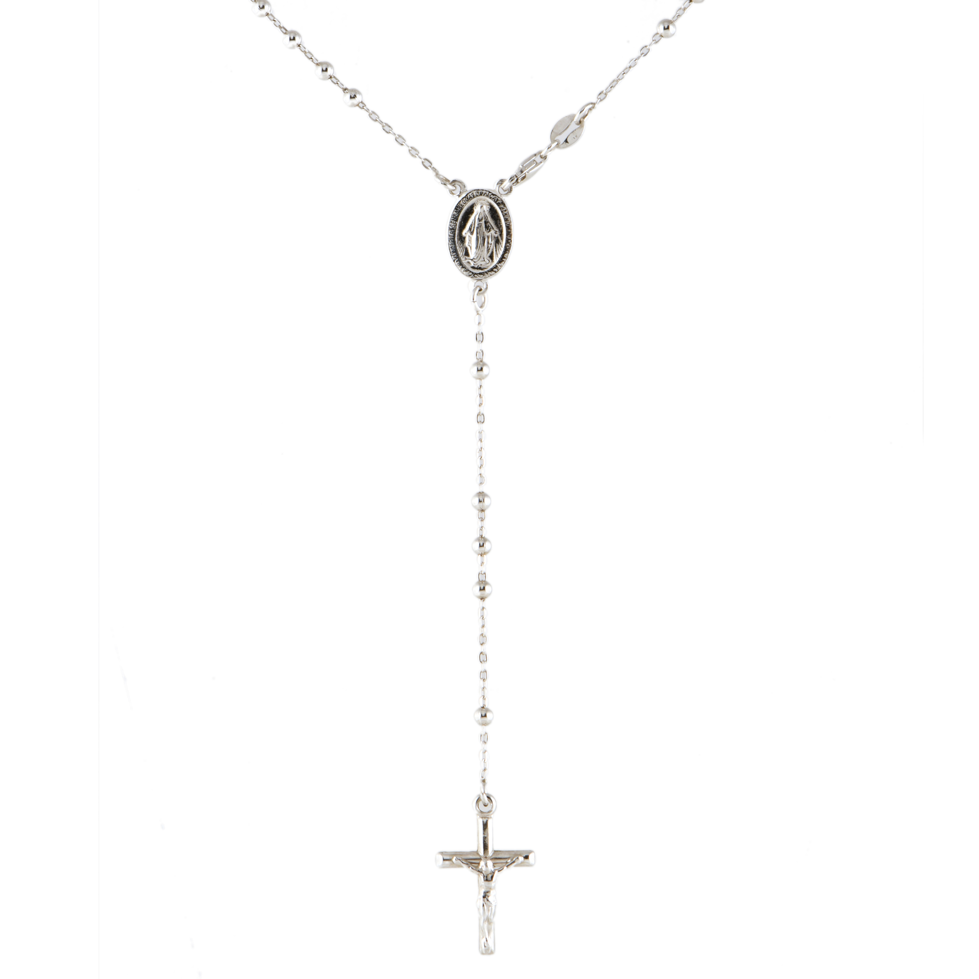 Rosario en plata, con cruz colgante e imágen de la virgen.
