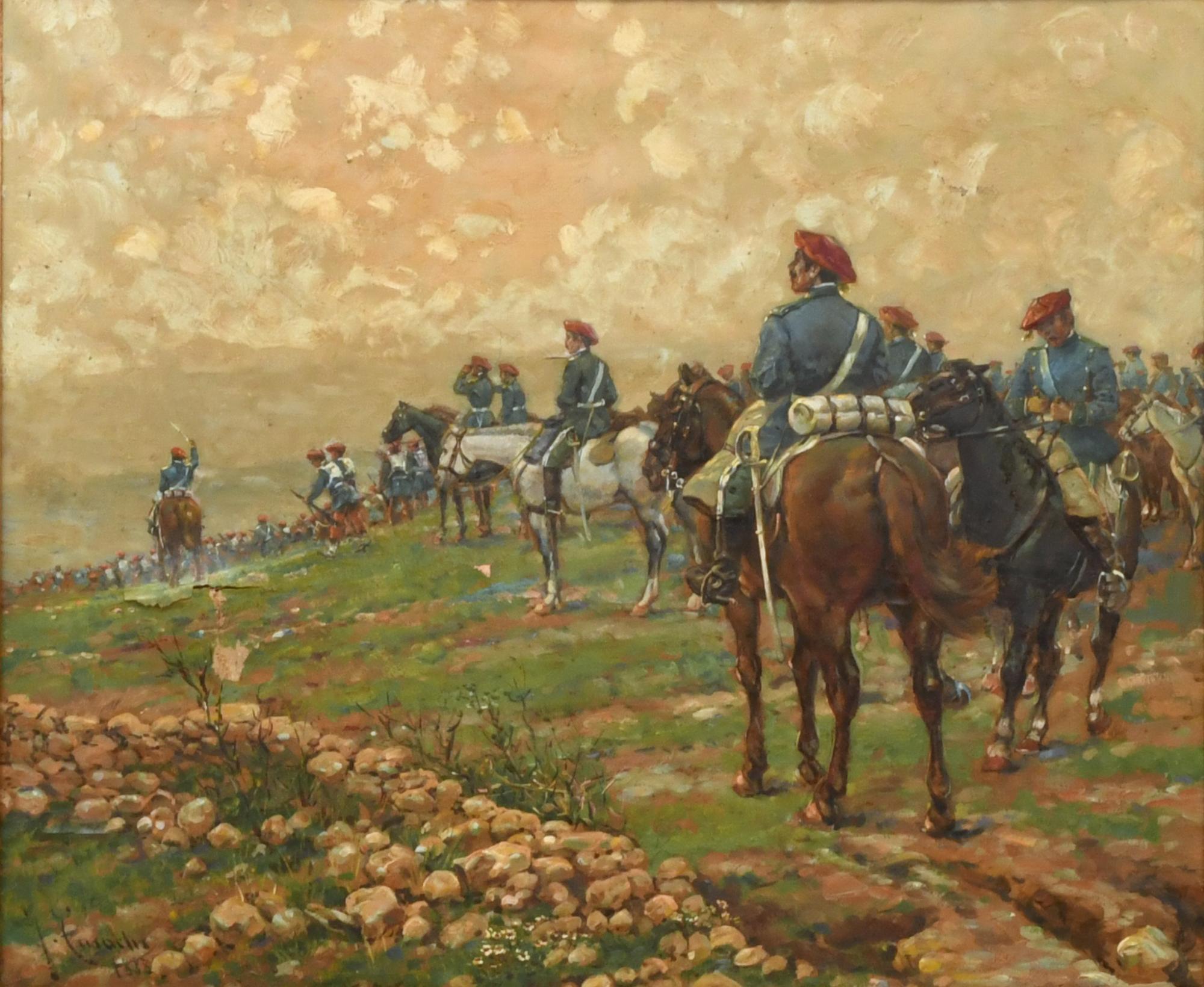 ESCUELA ESPAÑOLA, PPS. SIGLO XX. "Militares a caballo". Sig