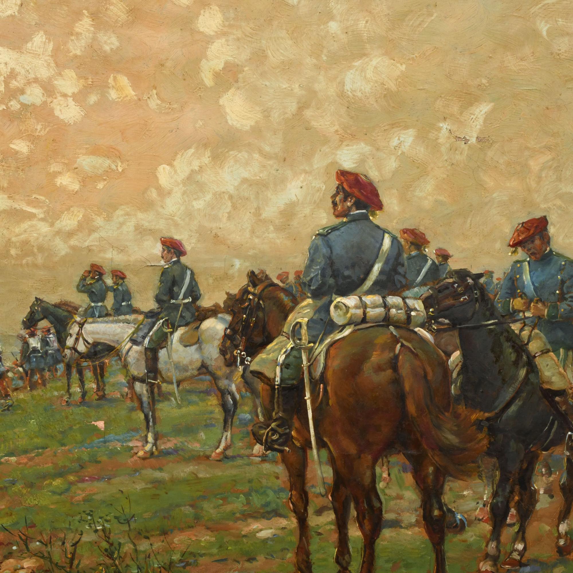 ESCUELA ESPAÑOLA, PPS. SIGLO XX. "Militares a caballo". Sig