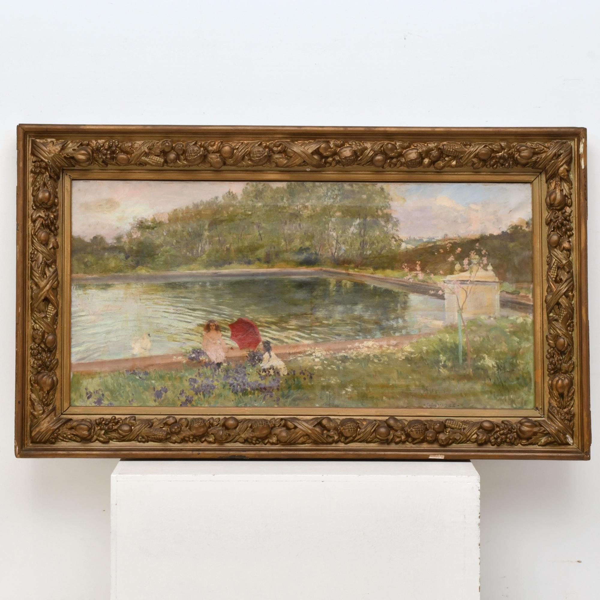 CARLOS VÁZQUEZ (1869-1944) "Estanque con niñas".