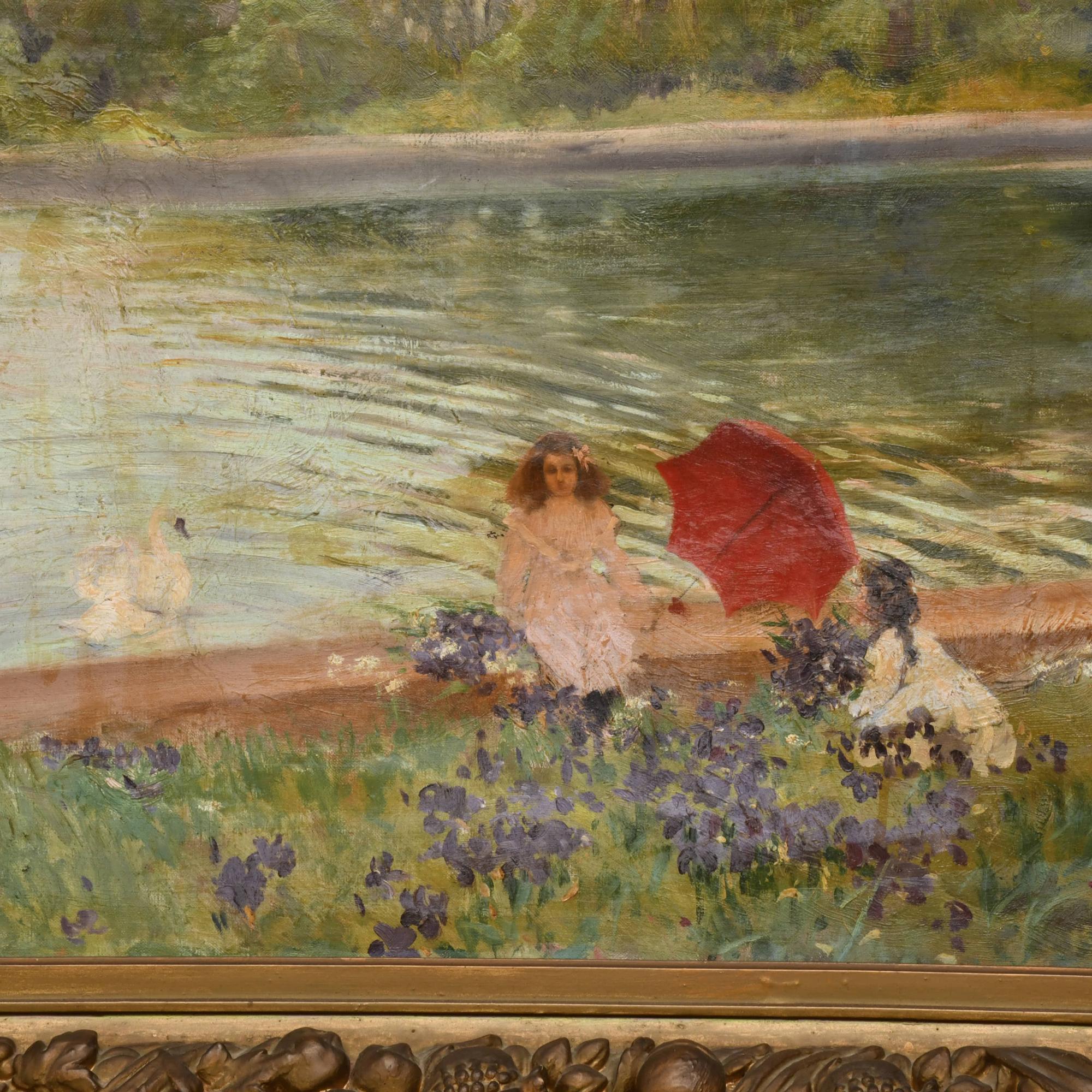 CARLOS VÁZQUEZ (1869-1944) "Estanque con niñas".