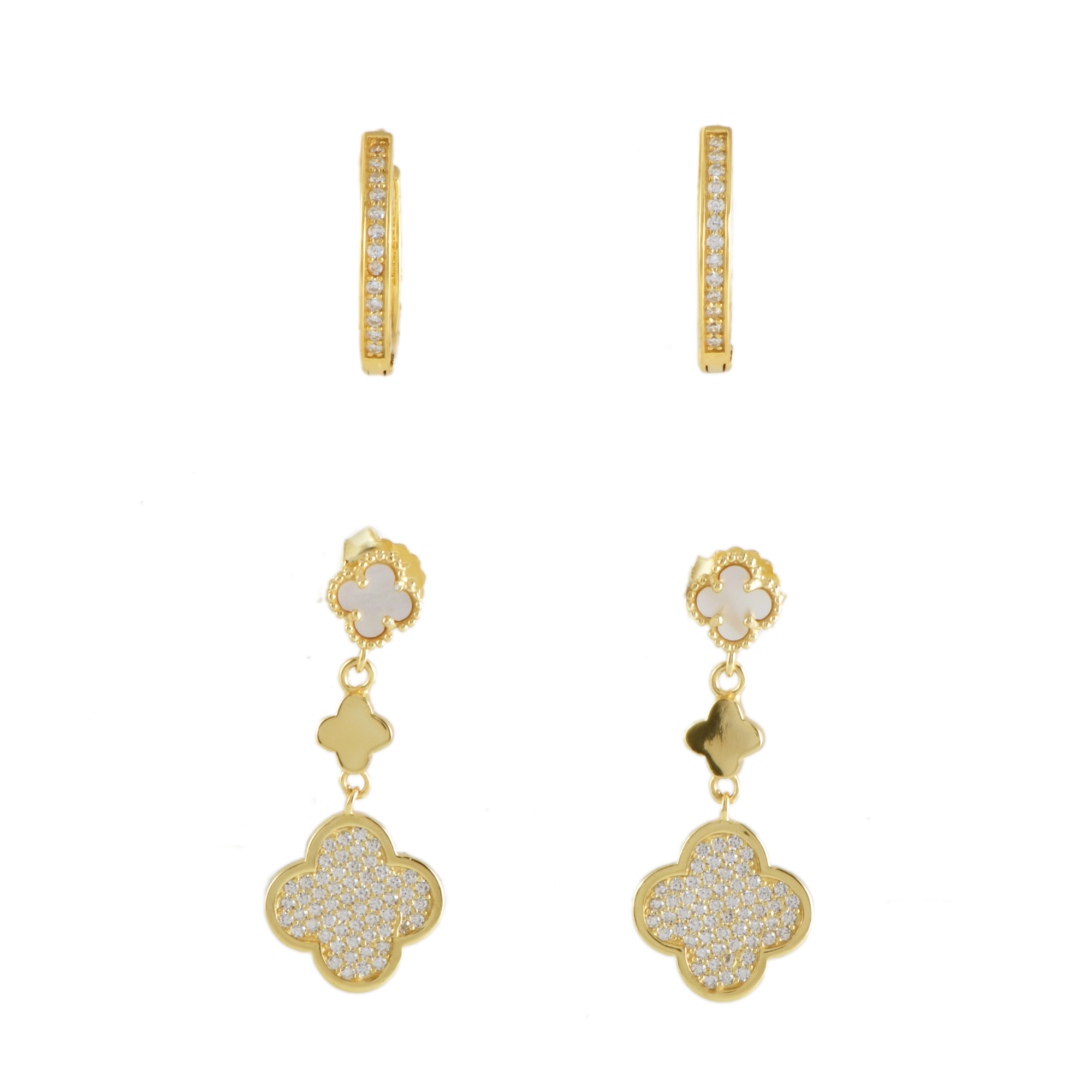 Pendientes aretes con circonitas y pendientes con tréboles 